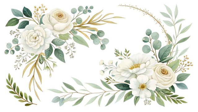 Watercolor floral illustration set - bouquets, frame, border. White flowers, rose, peony, gold green leaf branches collection. Wedding invites, wallpapers, fashion. Eucalyptus olive leaves chamomile.