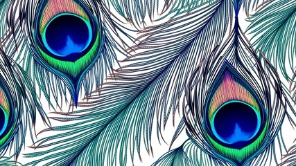 Close up of peacock feathers creating an intricate colorful pattern against white background design