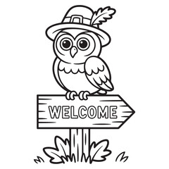 Thanksgiving Owl Coloring Page – Cute Owl Wearing Pilgrim Hat Sitting on Welcome Sign – Autumn Woodland Animal Illustration for Kids

