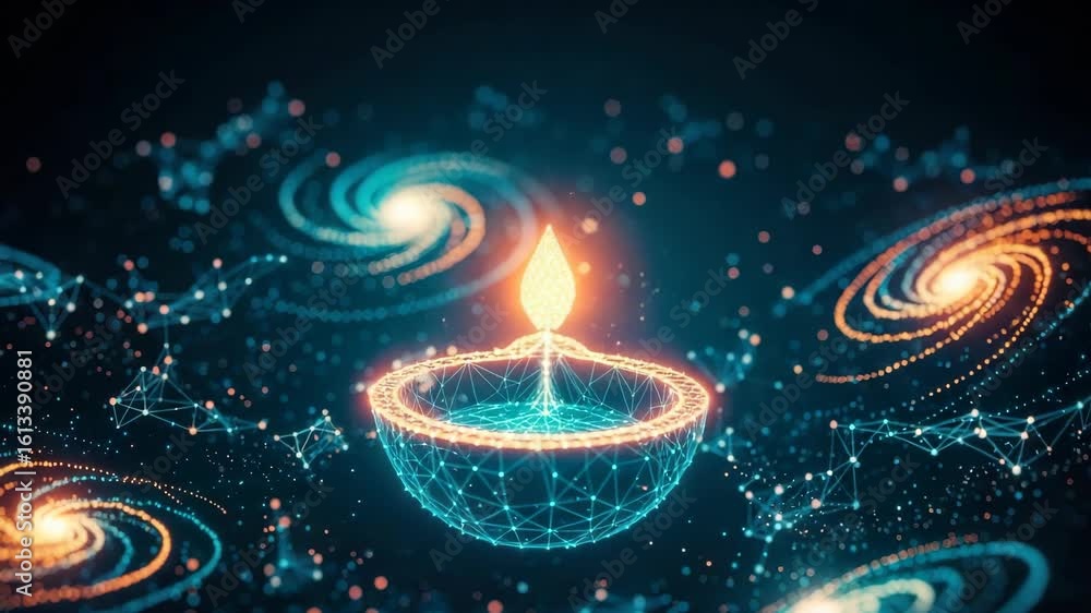 Poster a glowing digital lamp surrounded by swirling galaxies and cosmic patterns symbolizing enlightenment