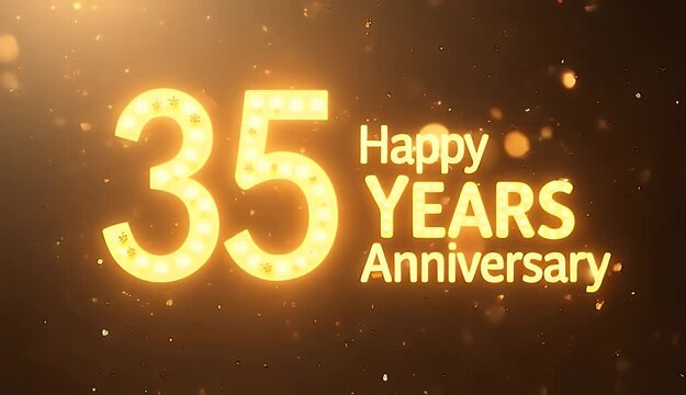 Glittering numerals form bold “35” swirling gold ribbons sweep past culminating elegant anniversary flourish that sparkles atop full alpha transparency K animation offers event planners jewellery