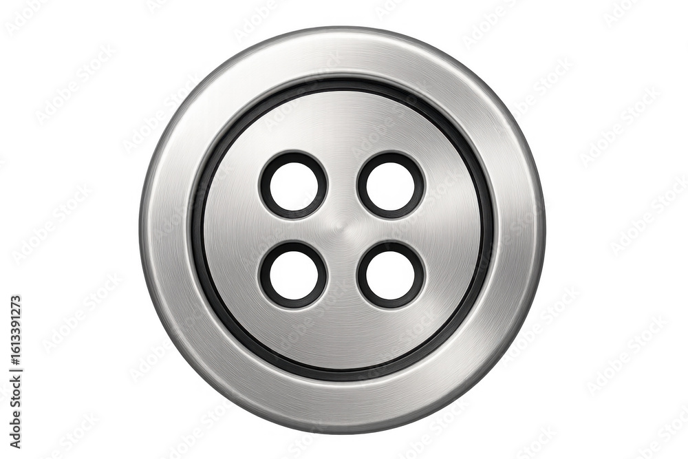 Poster brushed metal button with four holes, creating a sleek and modern design element, isolated on transp