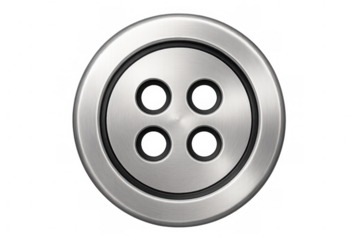 Brushed metal button with four holes, creating a sleek and modern design element, isolated on transparent background