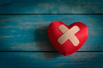 Red plush heart with bandage symbolizing healing, recovery, emotional support, mending, mental health.