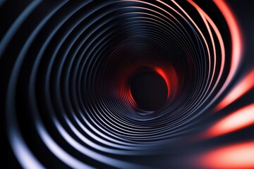 Obraz premium An abstract view of a spiraling tunnel with smooth metallic curves, blending dark hues with vibrant red lights.