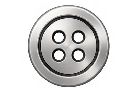 Brushed metal button with four holes, creating a sleek and modern design element, isolated on transparent background