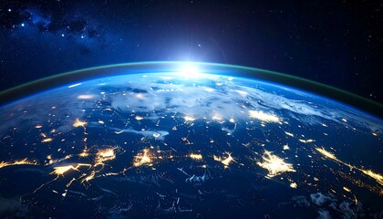 Earth from space, sunrise view, city lights