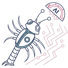 Cartoon robot insect interacting with ai symbol on circuit board