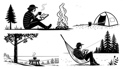 Flat black-and-white illustrations of relaxing outdoor moments, like sitting by the fire, reading in a hammock, making coffee at camp, or watching a sunset. Each scene is reduced to its essential line