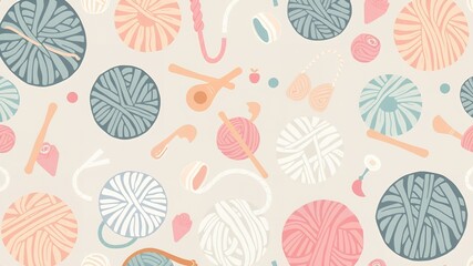 A seamless pattern of yarn balls, knitting needles, and crochet hooks on a light beige background