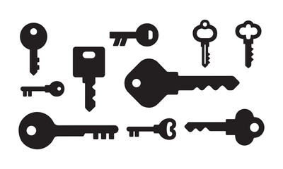 Key Icon Set, A comprehensive collection of black silhouette vector icons showcasing various modern and classic key designs