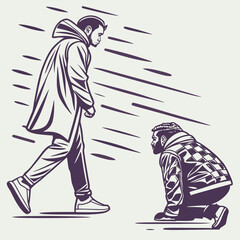 Man walking past another man kneeling on the ground