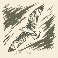 Seagull in flight with expressive brush strokes background