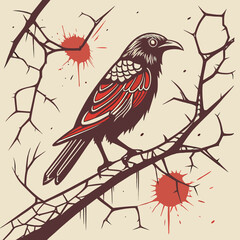 Stylized bird perched on thorny branches with red splatters