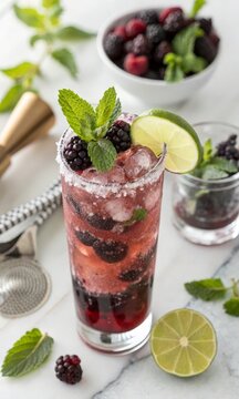 Professional luxury cocktail image of a Blackberry Mojito featuring fresh mint sprig, blackberries and lime garnish in tall elegant glass with commercial quality finish, ideal for restaurant and bever