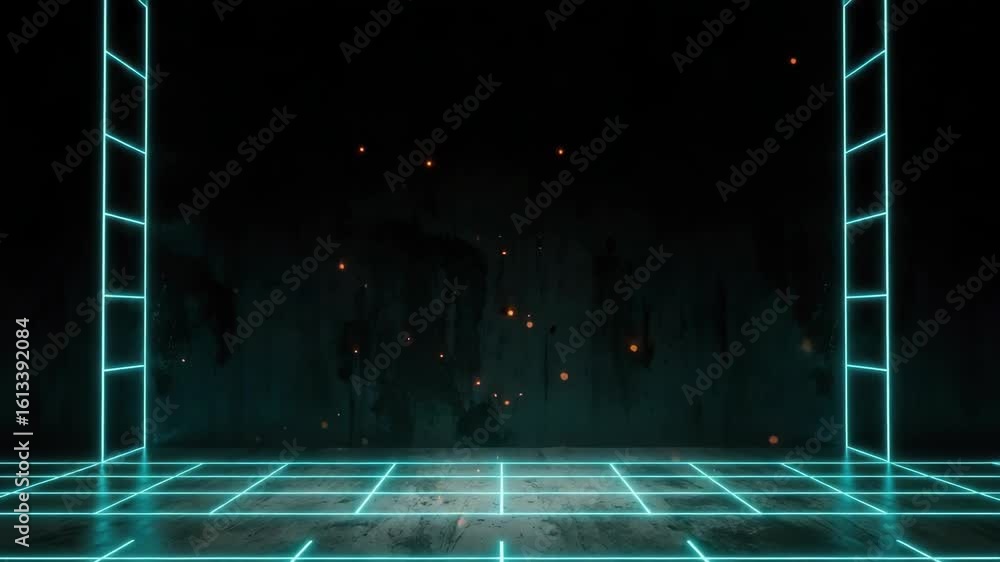 Poster a futuristic neon-lit room with a glowing grid floor and illuminated particles in the background cre