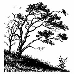Silhouette of a lone bird perched on a windswept tree branch with grass and flying birds