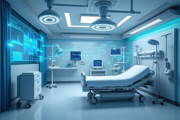 Advanced futuristic hospital room with medical equipment and digital displays