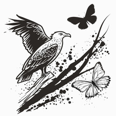 Naklejka premium Eagle perched on branch with butterflies and ink splatters