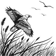 Majestic eagle soaring above tall grass with birds in the sky