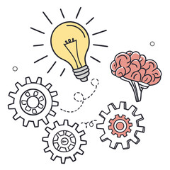Brainstorming and idea generation with gears and light bulb