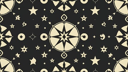A symmetrical pattern featuring stars, circles, and compass designs on a black background color scheme