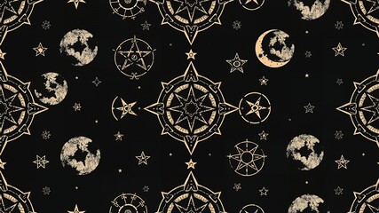 A seamless pattern with celestial elements including moons stars compasses and esoteric symbols in gold