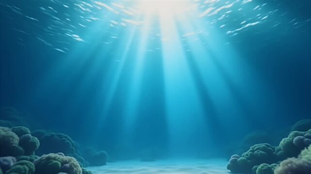 A tranquil crystal blue under sea panorama rendered endlessly looping animation razor sharp K showcases shafts volumetric sunlight piercing gentle rolling waves providing generous negative space text