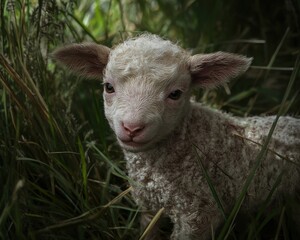 Obraz premium A curious lamb explores the lush green grass, showcasing its soft coat and innocent expression.