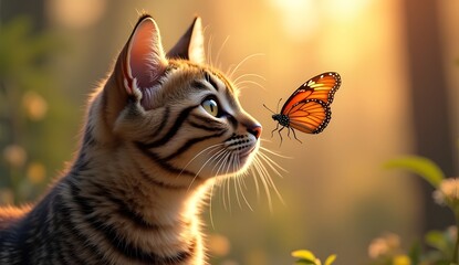 Fototapeta premium Cute Cat with Butterfly on Nose in Warm Sunset Light