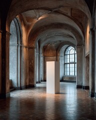 Fototapeta premium Tall white display plinth in empty arched hallway with aged walls