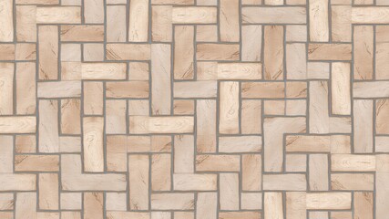 A seamless pattern of beige and brown bricks arranged in a herringbone style on a flat surface view