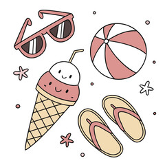 Cute summer beach vacation icons with sunglasses ice cream and beach ball