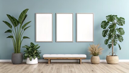 Modern living space with three vertical blank frames on a blue wall, styled with greenery and minimalist seating