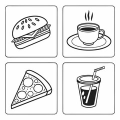 Black and white icons of fast food and drinks including a burger pizza coffee and soda