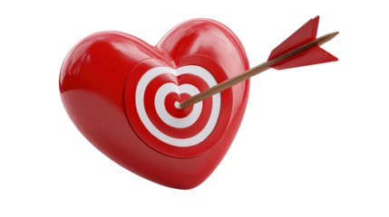 3D heart-shaped target with arrow hitting center, love goal metaphor, background isolated on a Transparent background, PNG file.