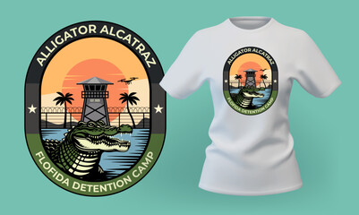 Alligator Alcatraz Vintage Badge Design for T-Shirt. Retro Prison Emblem with Aggressive Gator. Alligator Alcatraz is camp for holding illegal immigrants.