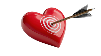 3D heart-shaped target with arrow hitting center, love goal metaphor, background isolated on a Transparent background, PNG file.
