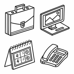 Set of four isometric business office icons in a line drawing style