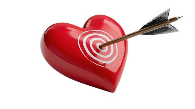 3D heart-shaped target with arrow hitting center, love goal metaphor, background isolated on a Transparent background, PNG file.