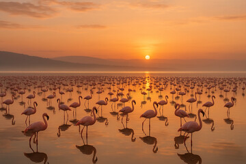 Naklejka premium Flamingos at Sunrise
