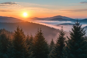 Fototapeta premium Golden sunrise over misty mountain forest with layered hills and glowing fog