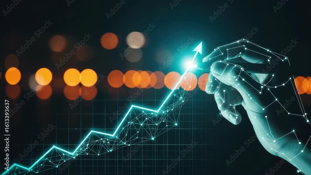 Poster a futuristic digital hand pointing towards an upward trend on a glowing graph with blurred city ligh