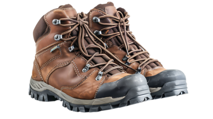 A pair of brown leather hiking boots with laces tied and rugged soles on a dark isolated surface
