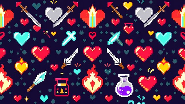 Pixel art pattern featuring hearts swords potions and flames on a dark blue background design - Powered by Adobe