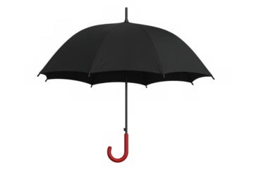 Open black umbrella with red handle providing protection from rain, isolated on transparent background, ready for compositing
