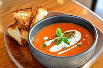 Creamy tomato soup with grilled bread and fresh herb garnish
