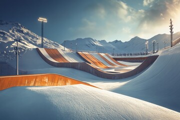 A stunning snowpark scene with majestic mountains in the background, showcasing smooth ramps and a clear blue sky.