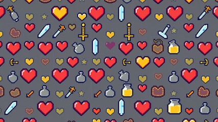 A pixelated pattern featuring hearts swords potions and other game related items on a gray background