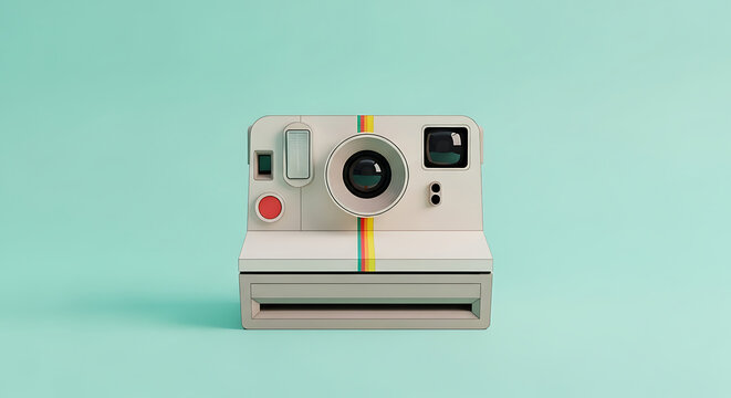 A retro white instant film camera with a red shutter button and colorful stripe on a mint green background.